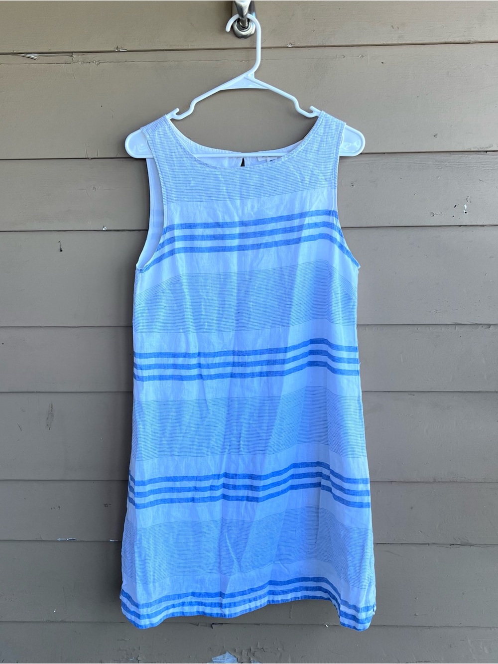Beach Lunch Lounge Linen Blend Striped Shift Dress Blue White Womens Size M